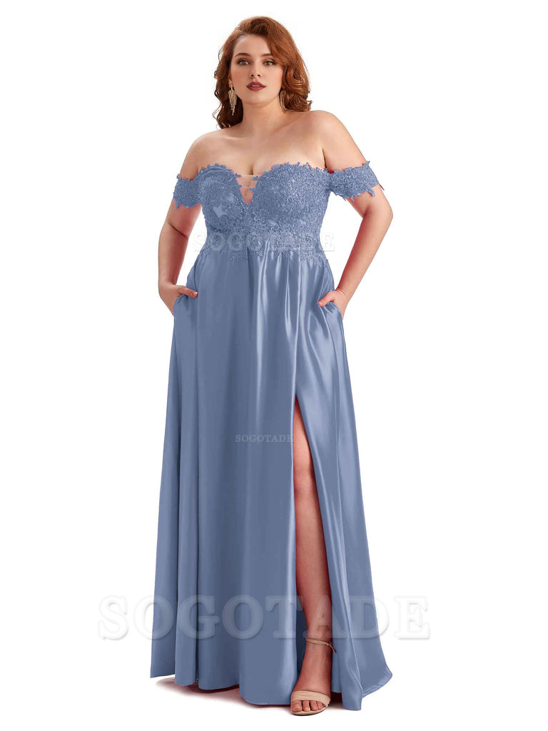 Off Shoulder Side Slit Lace Soft Satin Long Plus Size Bridesmaid Dresses For Wedding