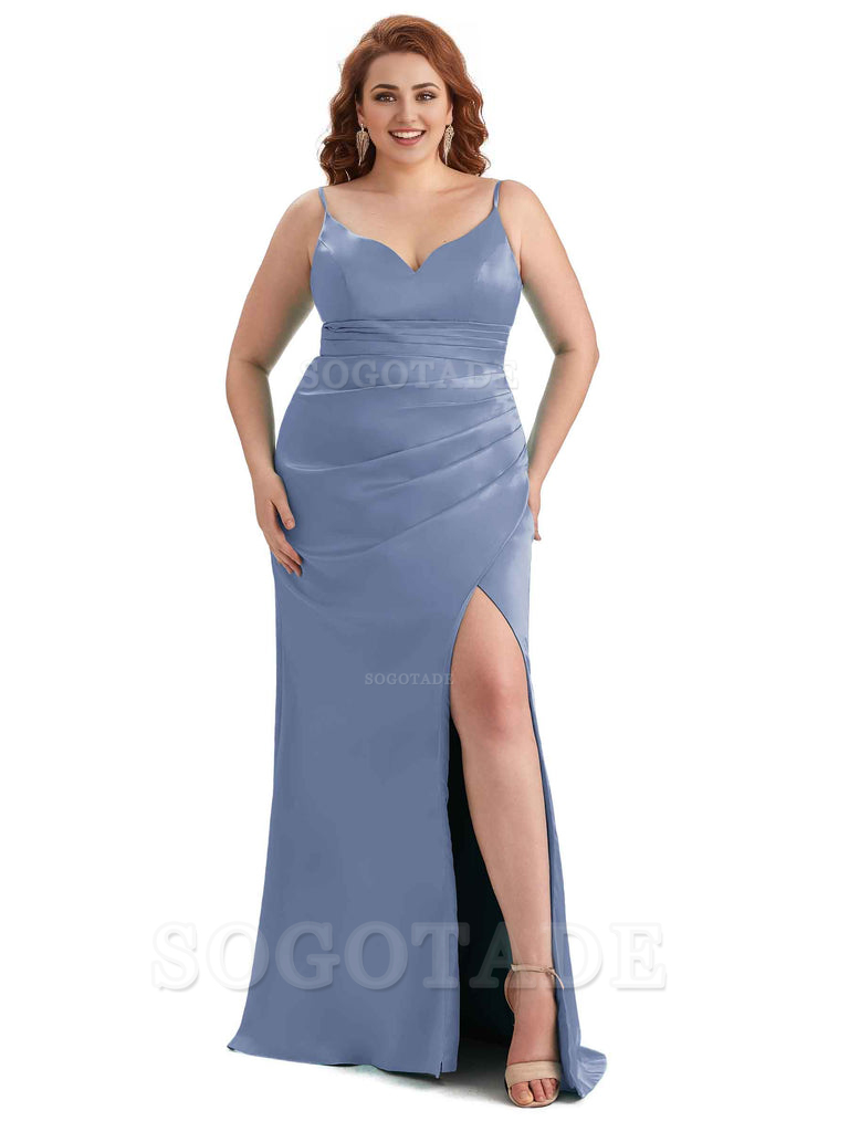 Sexy Side Slit Spaghetti Straps Mermaid Soft Satin Long Plus Size Maid of Honor Dresses