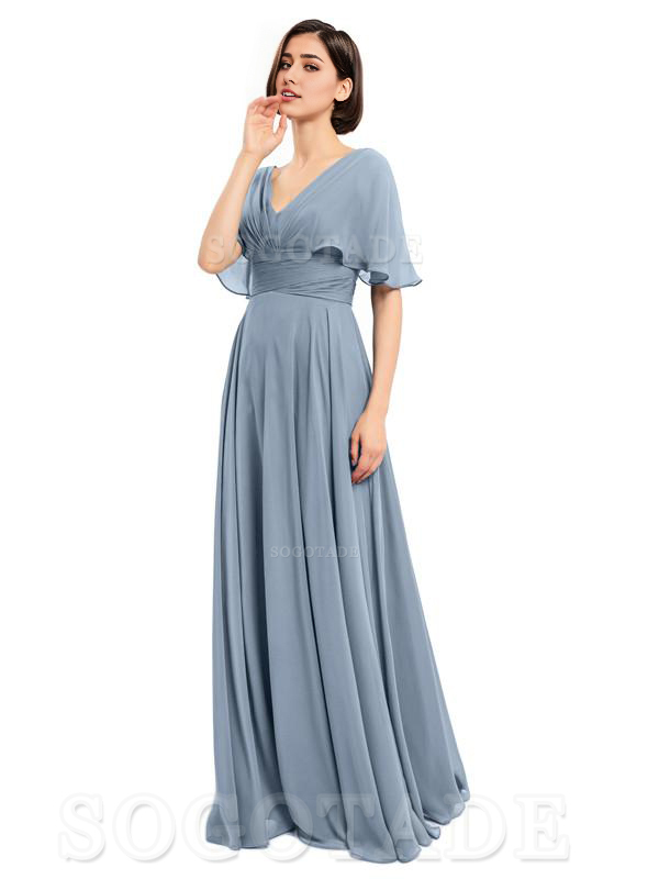  V-Neck Cap Sleeves Sleeves Chiffon Long Elegant Bridesmaid Dresses Formal Wear Dresses