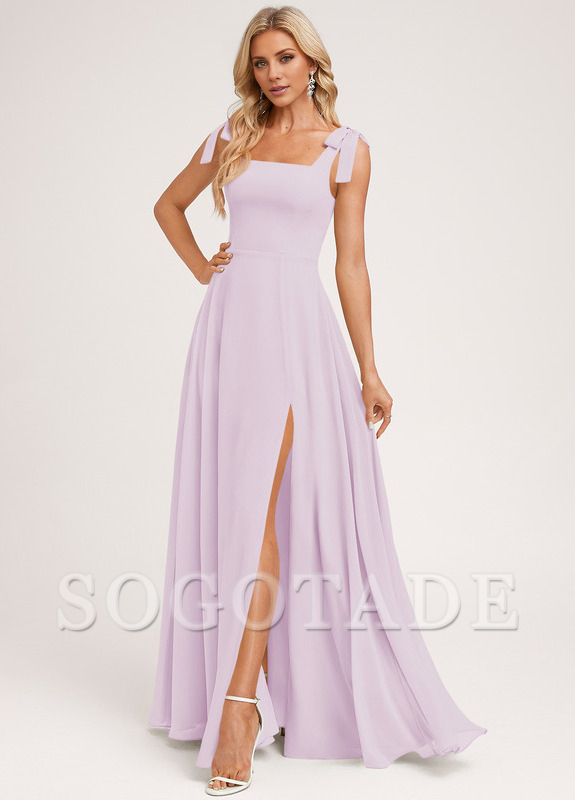A-shaped square bow landing chiffon bridesmaid dress