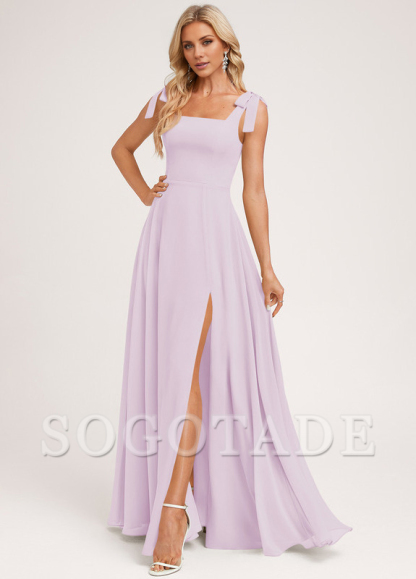 A-shaped square bow landing chiffon bridesmaid dress
