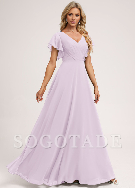Ruffle A-line V-neck and floor chiffon bridesmaid dress