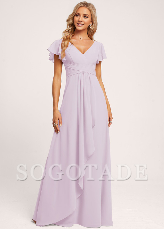 Ruffle A-line V-neck and floor chiffon bridesmaid dress