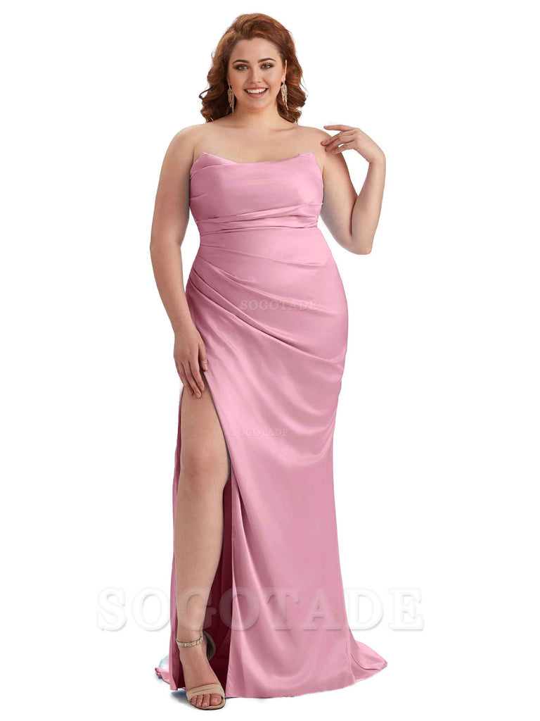 Sexy Side Slit Sleeveless Strapless Mermaid Soft Satin Long Plus Size Bridesmaid Dresses For Wedding