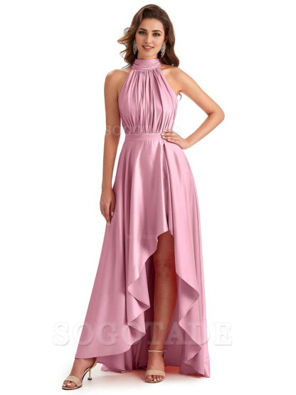 Soft Satin High Neck High Low A-Line Unique Bridesmaid Dresses Online