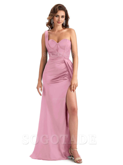 Sexy Mermaid Silky Satin Side Slit One Shoulder Unique Long Wedding Guest Dresses