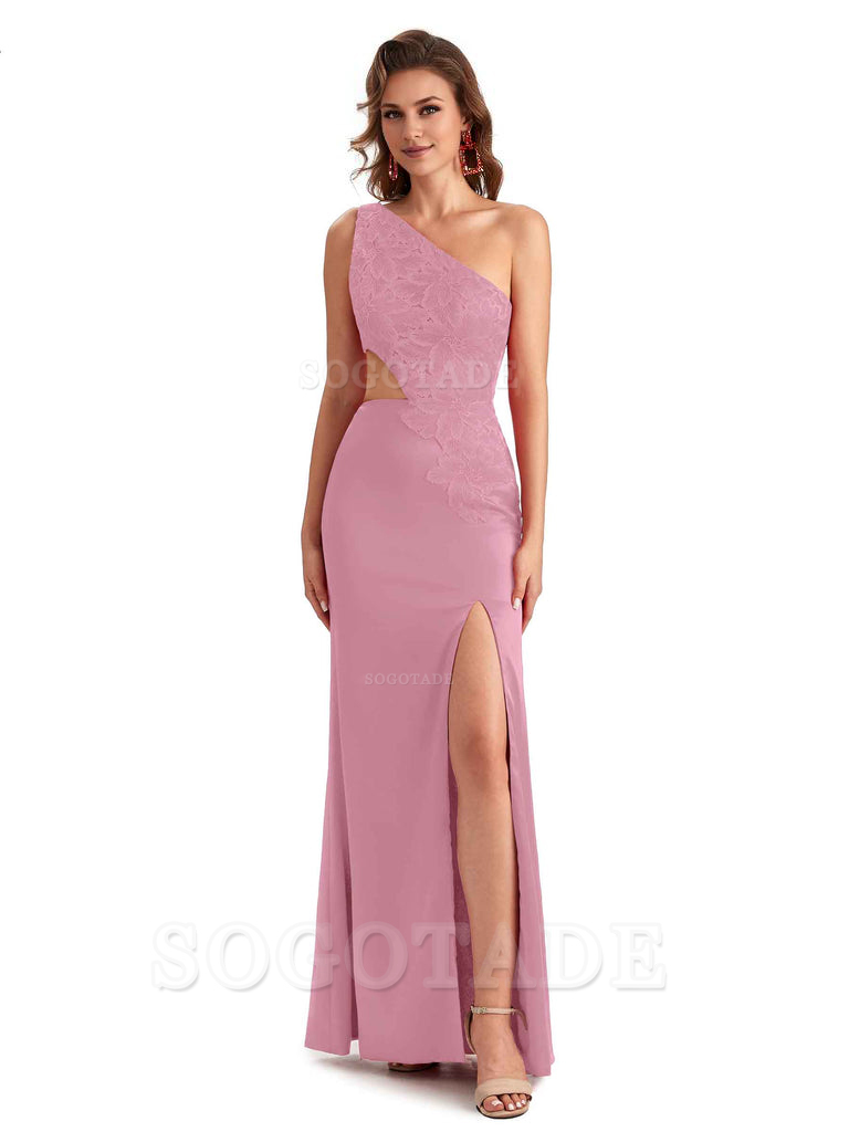 Sexy Side Slit Mermaid Lace Silky Satin One Shoulder Chic Long Bridesmaid Dresses
