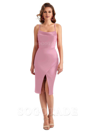 Elegant Spaghetti Straps Mermaid Soft Satin Knee Length Short Bridesmaid Dresses