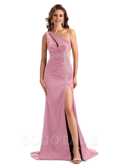 Sexy Side Slit Mermaid Soft Satin One Shoulder Lace Long Bridesmaid Dresses