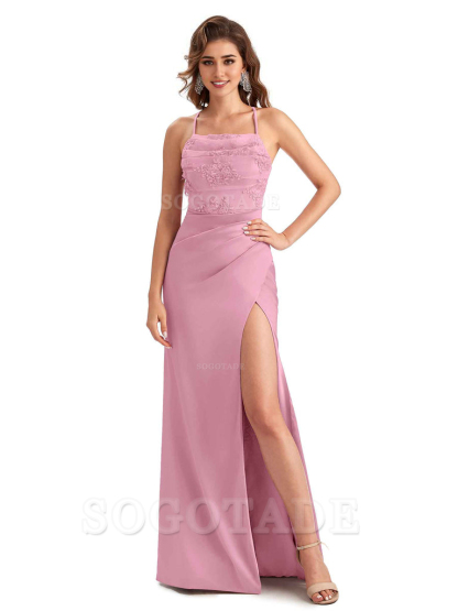 Sexy Side Slit Mermaid Lace Silky Satin Long Wedding Day Guest Dresses