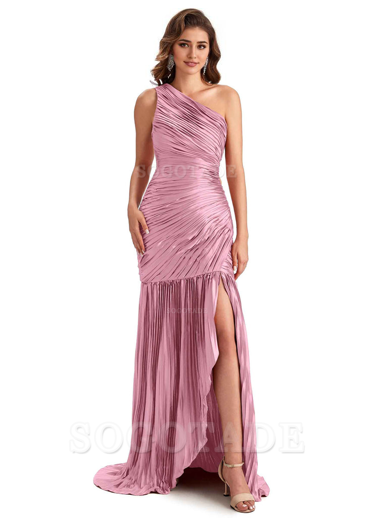 Sexy Side Slit Mermaid Soft Satin One Shoulder Long Ladies Bridesmaid Dresses Online
