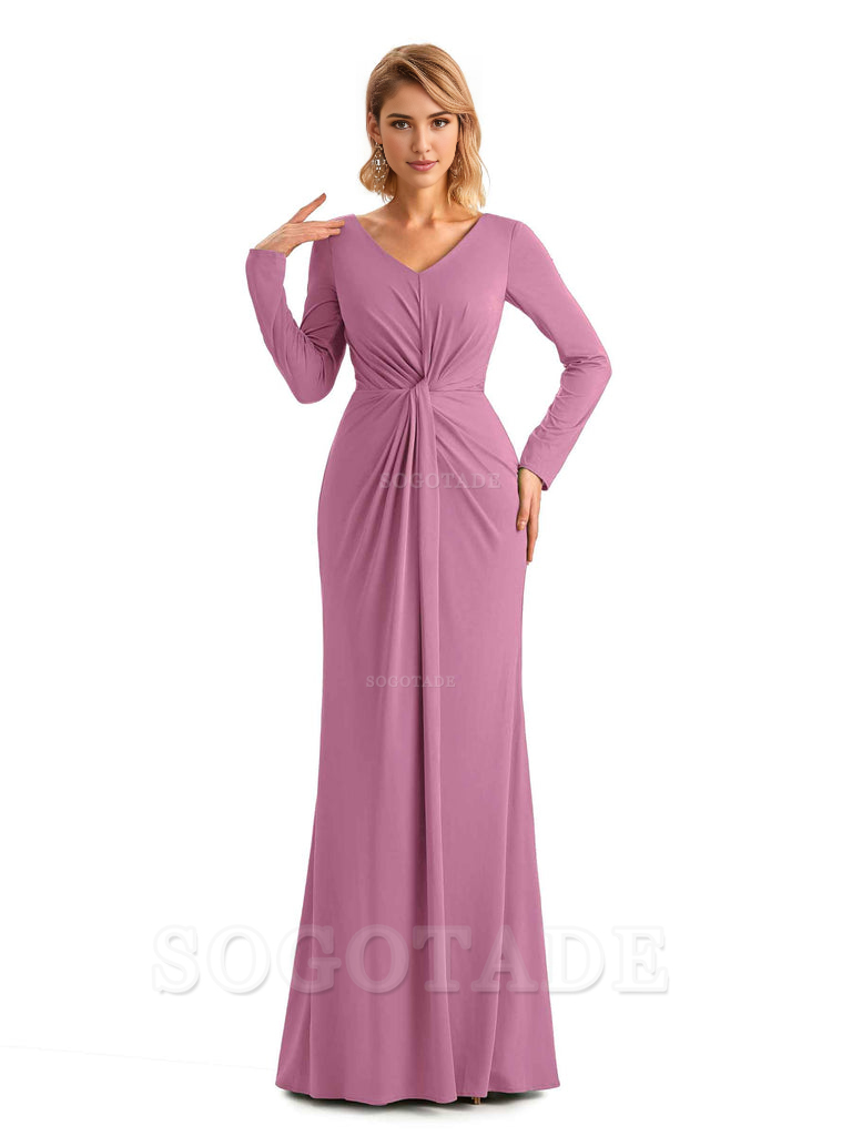Elegant Simple Mermaid Pleats V-neck Long-Sleeves Floor Length Long Formal Bridesmaid Dresses