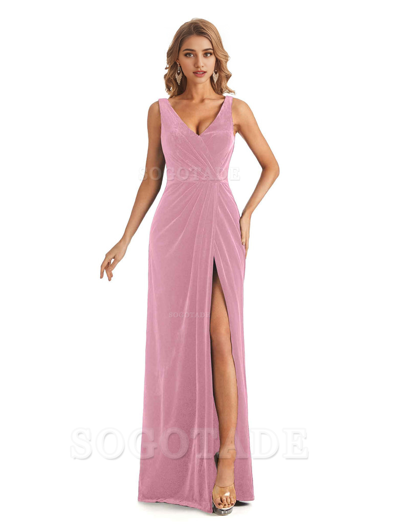 V-Neck Sexy Side Slit Spaghetti Straps Pleated Velvet Long Bridesmaid Dresses Formal Wear Dresses