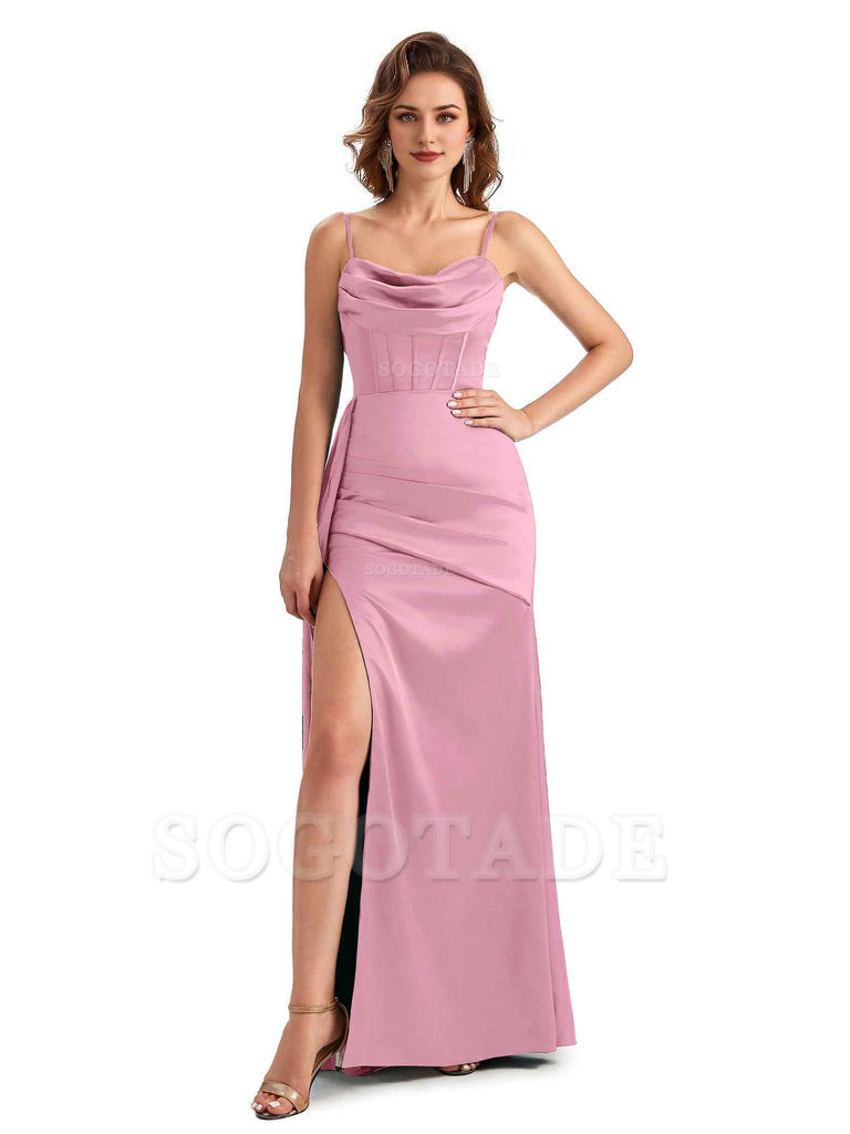 Sexy Side Slit Mermaid Silky Satin Spaghetti Straps Unique Wedding Guest Dresses