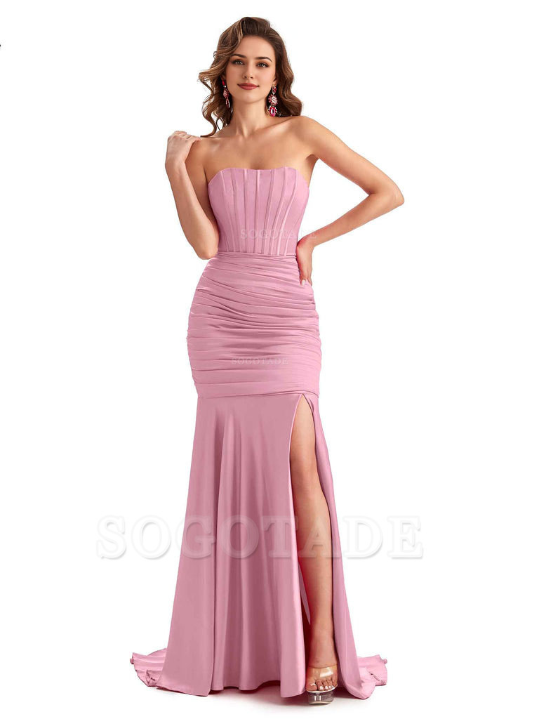 Sexy Strapless Side Slit Mermaid Silky Satin Formal Bridesmaid Dresses