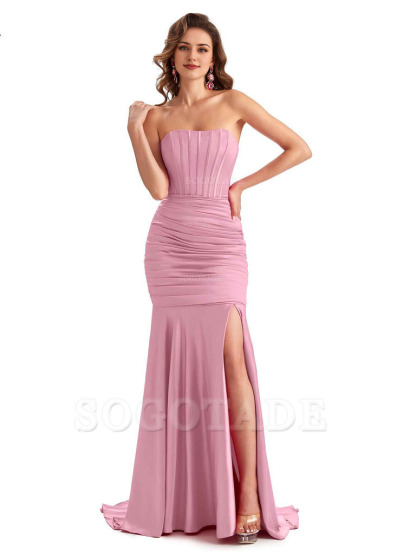 Sexy Strapless Side Slit Mermaid Silky Satin Formal Bridesmaid Dresses