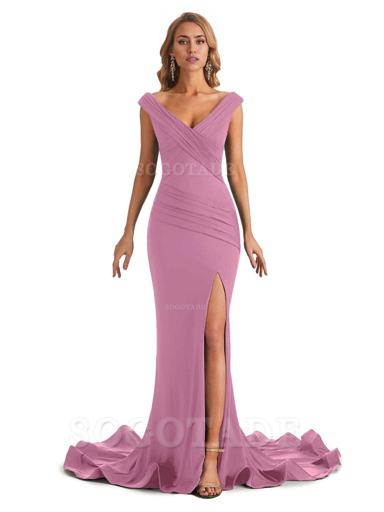 Sexy Mermaid V-Neck Off The Shoulder Side Fork Long Fashion Bridesmaid Dresses Formal Women's Dresses Wedding Guests Dresses