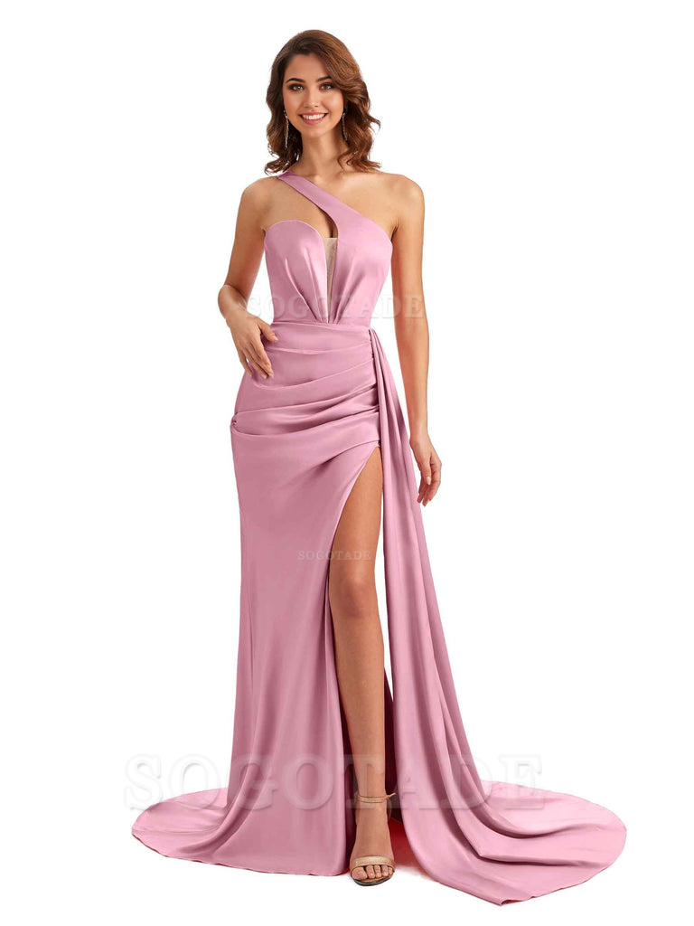 Mermaid One Shoulder Satin formal dresses evening gown Bridesmaid Dresses With Side Slit