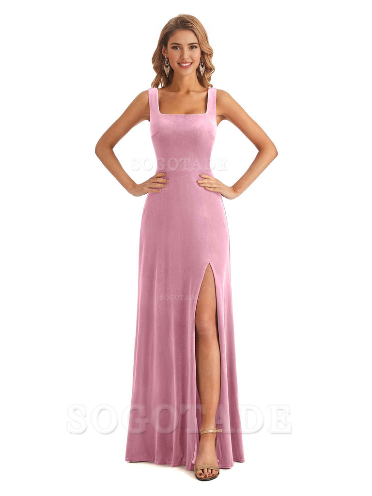 Elegant A Line Sheath Velvet Square Side Fork Long Bridesmaid Dresses Formal Women's Dresses Wedding Guests Dresses