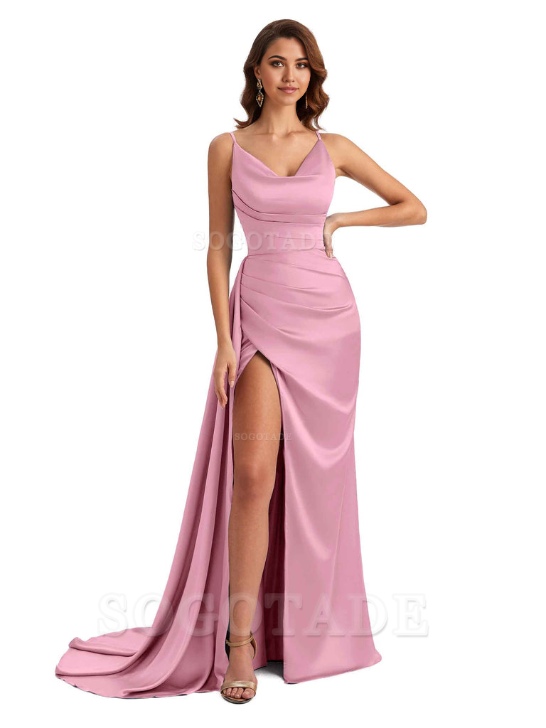 Mermaid Cowl Spaghetti Satin formal dresses evening gown Bridesmaid Dresses With Side Slit