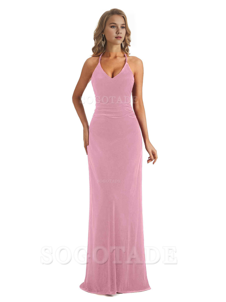 Elegant V-Neck Halter Backless Mermaid Velvet Long Wedding Party Dresses Bridesmaid Dresses Formal Women's Dresses Wedding Guests Dresses