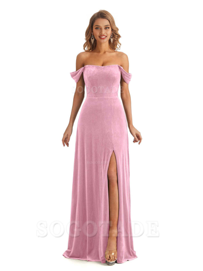Elegant Mermaid Off The Shoulder Unique Velvet Side Slit Backless Long Bridesmaid Dresses Formal Wear Dresses