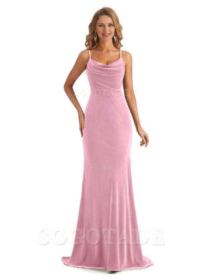 Elegant High Quality Mermaid Spaghetti Straps Cowl Velvet Side Slit Long Exquisite Bridesmaid Dresses Formal Women's Dresses Wedding Guests Dresses