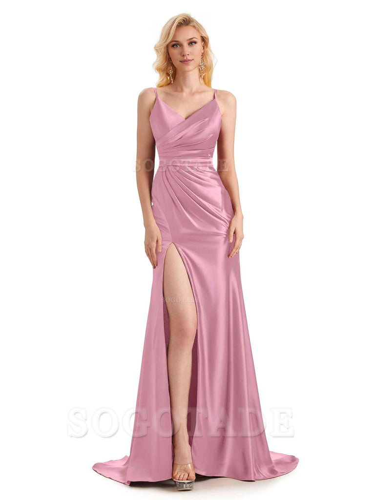 Sexy Charming Side Slit V-Neck Pleated Spaghetti Straps Backless Satin Bridesmaid Dresses Formal Women's Dresses Wedding Guests Dresses