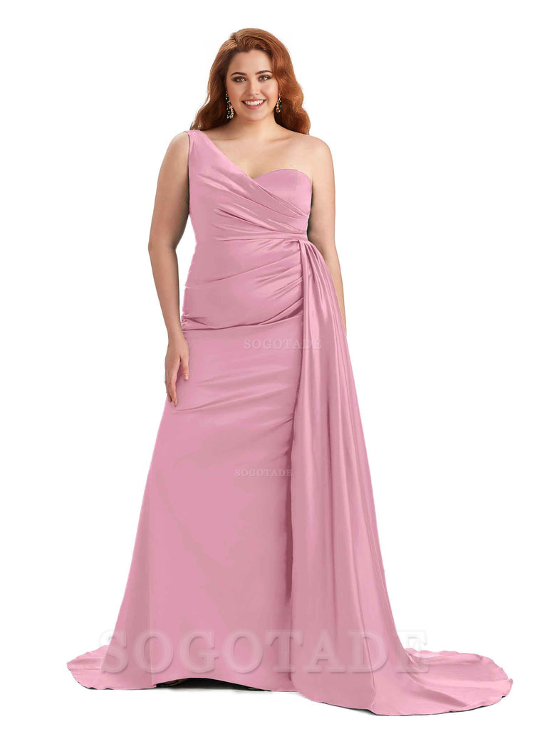 Sexy One Shoulder Sleeveless Mermaid Soft Satin Long Plus Size With Train Bridesmaid Gowns