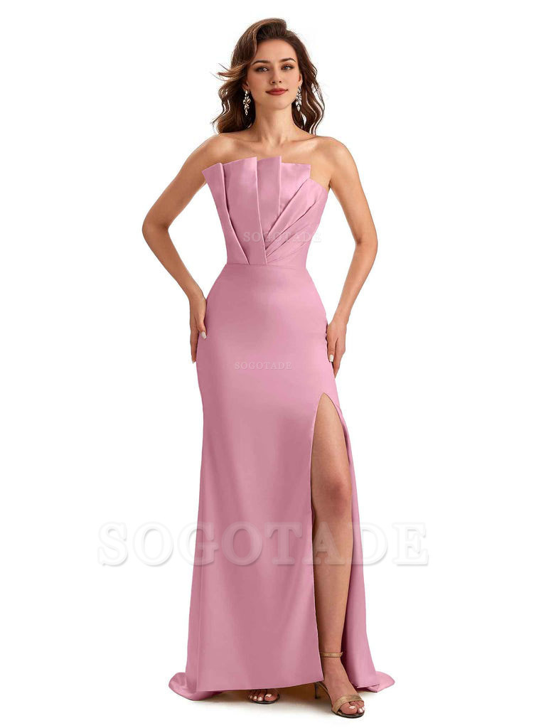 Unique Soft Satin Side Slit Asymmetrical Neckline Mermaid Long Bridesmaid Dresses