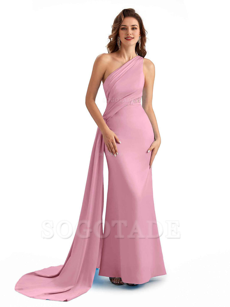 Sexy Mermaid Silky Satin One Shoulder Lace See Through Long Bridesmaid Dresses Online