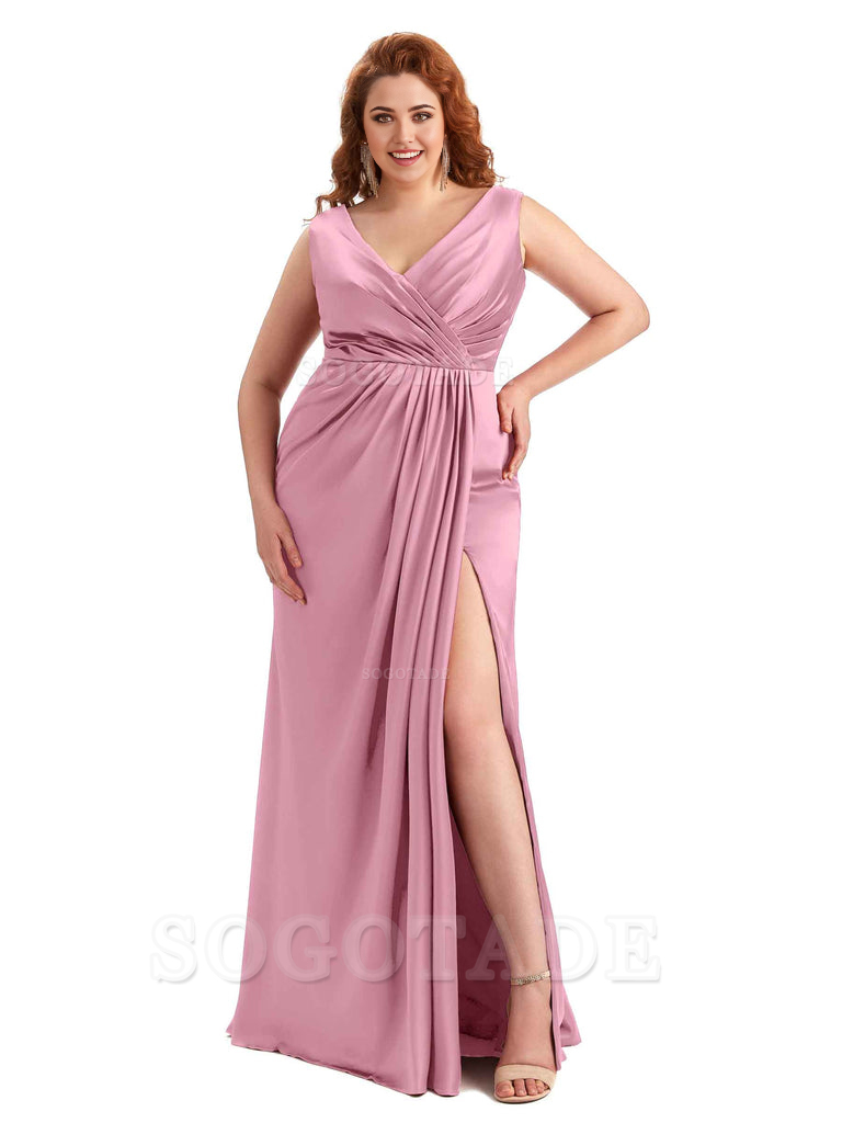 Mermaid V-Neck Satin formal dresses evening gown Bridesmaid Dresses With Side Slit 