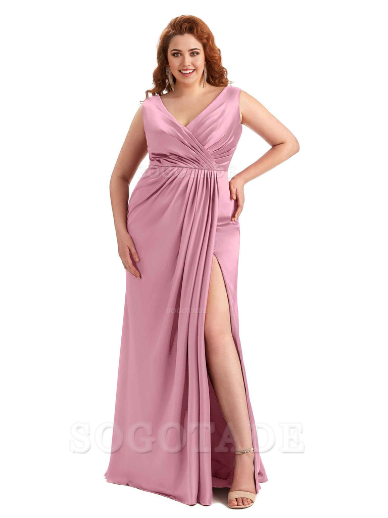 Mermaid V-Neck Satin formal dresses evening gown Bridesmaid Dresses With Side Slit 