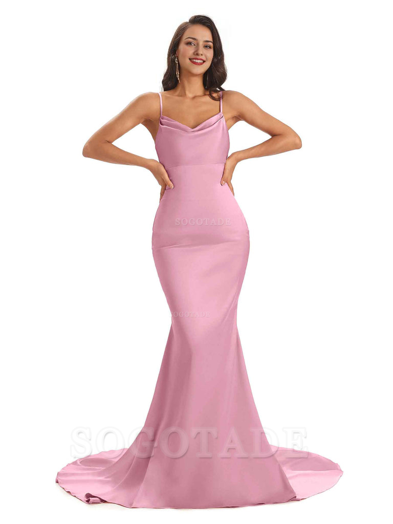 Sexy Backles Soft Satin Spaghetti Straps Maxi Mermaid Bridesmaid Dresses Online prom shop dresses