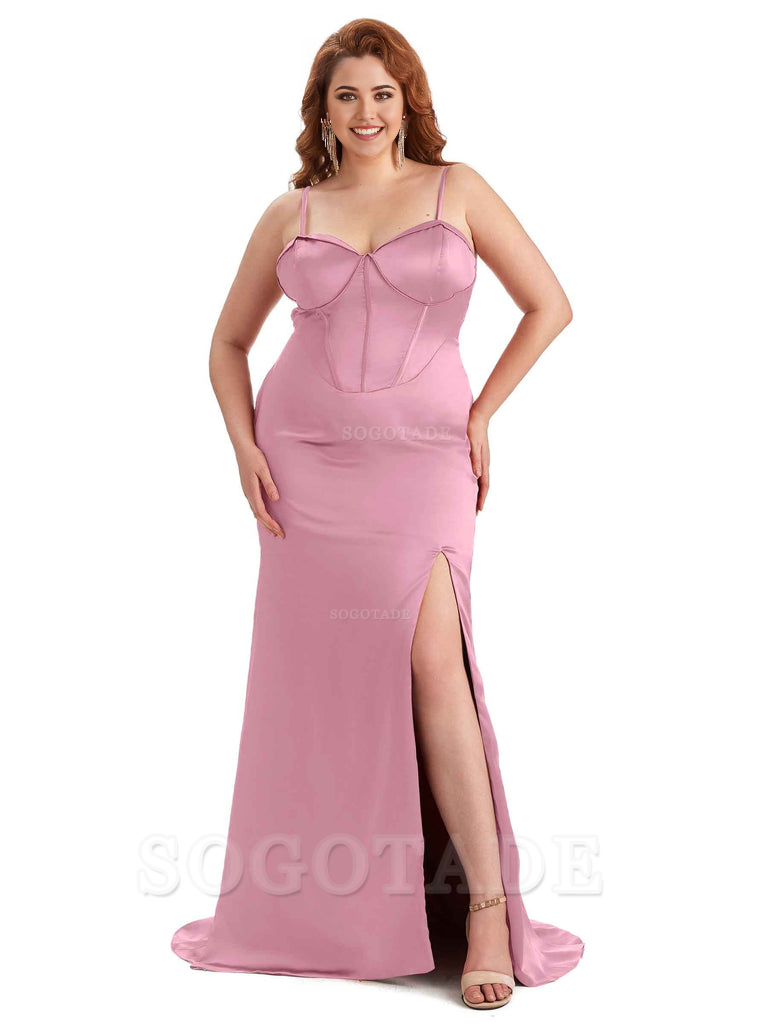 Sexy Spaghetti Straps Side Slit Sleeveless Mermaid Soft Satin Long Bridesmaid Dress Plus Size Dress To Wear to a Wedding