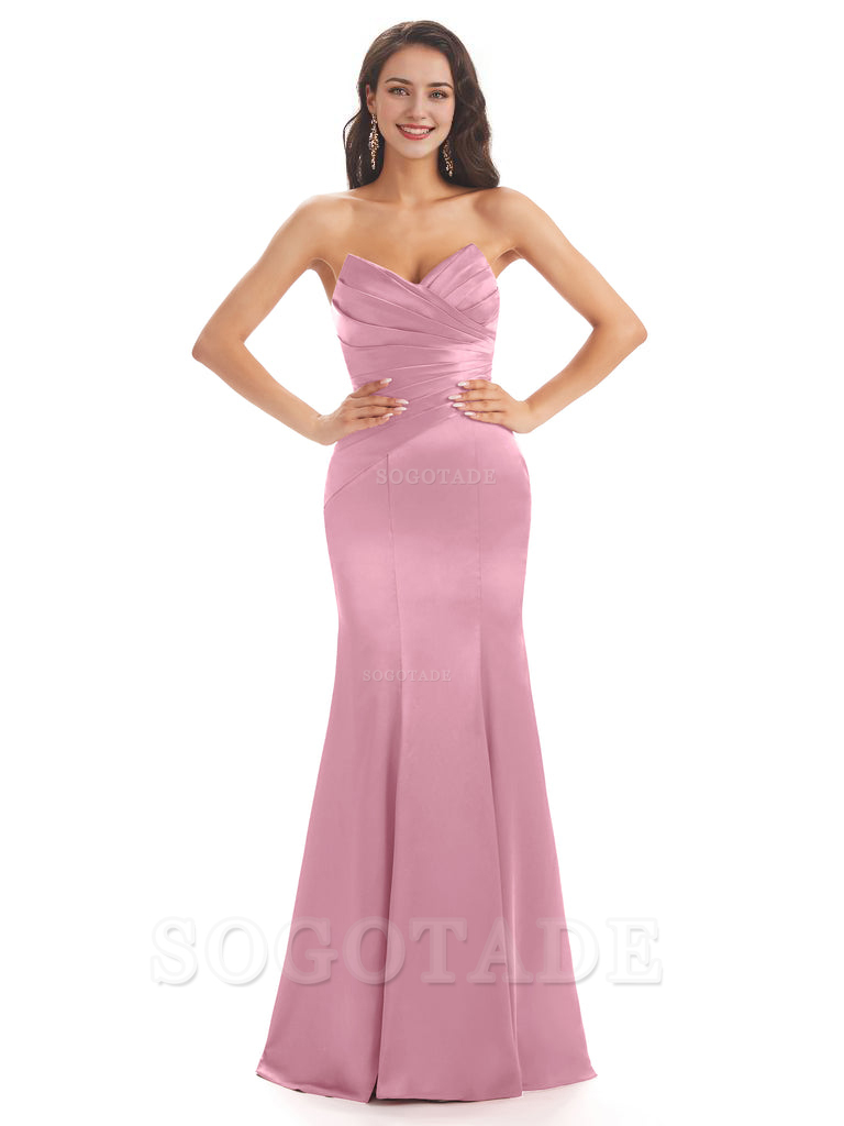 Simple Strapless Sweetheart Soft Satin Mermaid Long Bridesmaid Dresses prom shop dresses