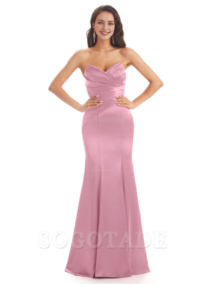 Simple Strapless Sweetheart Soft Satin Mermaid Long Bridesmaid Dresses prom shop dresses