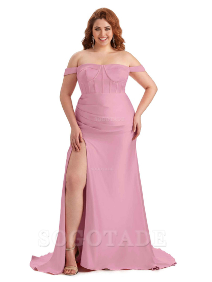 Elegant Off The Shoulder Side Slit Mermaid Soft Satin Floor Length Long Plus Size Bridesmaid Gowns