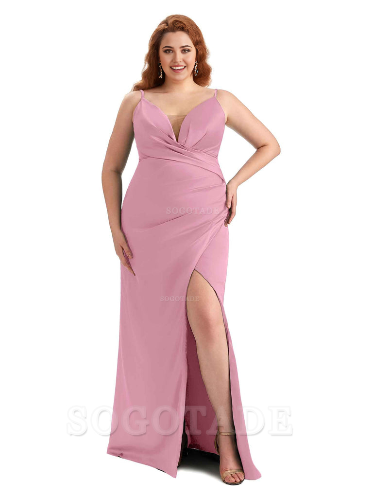 Sexy Side Slit Spaghetti Straps Sleeveless Mermaid V-neck Soft Satin Long Plus Size Bridesmaid Dress For Wedding