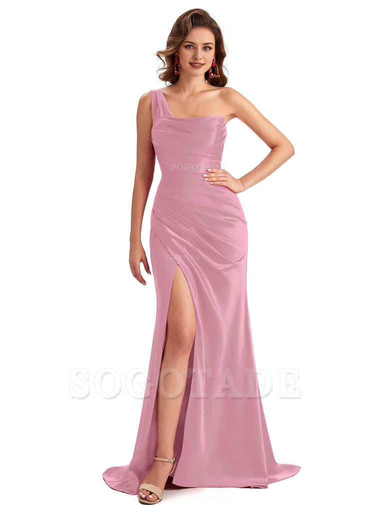 Sexy One Shoulder Side Slit Silky Satin Chic Long Mermaid Trumpet Bridesmaid Dress