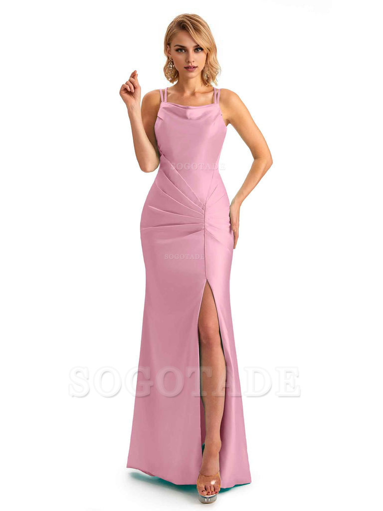 Soft Satin Spaghetti Straps Side Slit Long Unique Mermaid Beautiful Dresses For Wedding