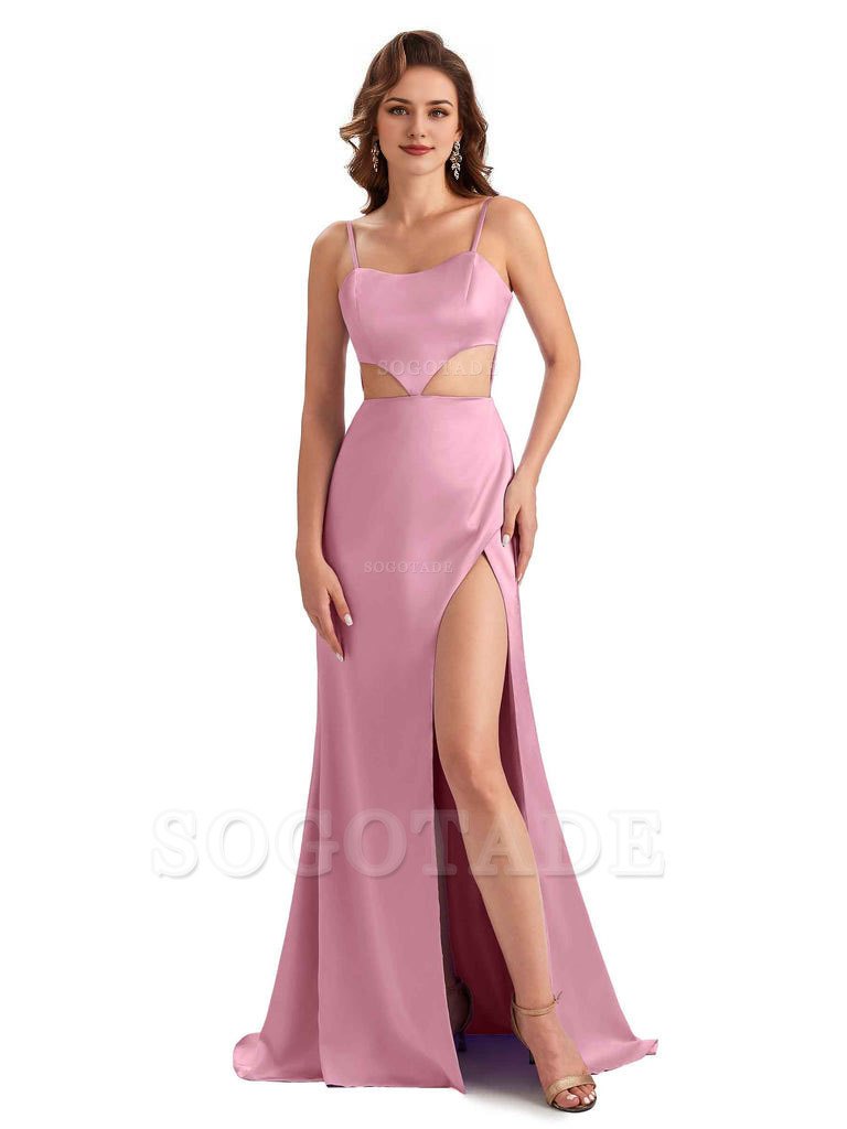 Sexy Satin Side Slit Spaghetti Straps Mermaid Long Unique Curve Wedding Guest Dresses