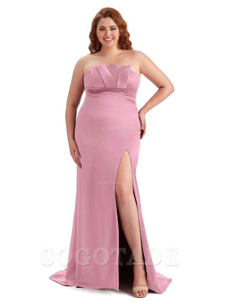 Sexy Side Slit Sleeveless Mermaid Soft Satin Long Plus Size Wedding Party Dresses For Wedding