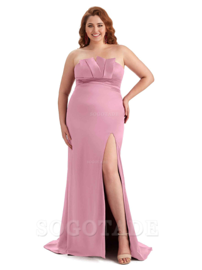 Sexy Side Slit Sleeveless Mermaid Soft Satin Long Plus Size Wedding Party Dresses For Wedding