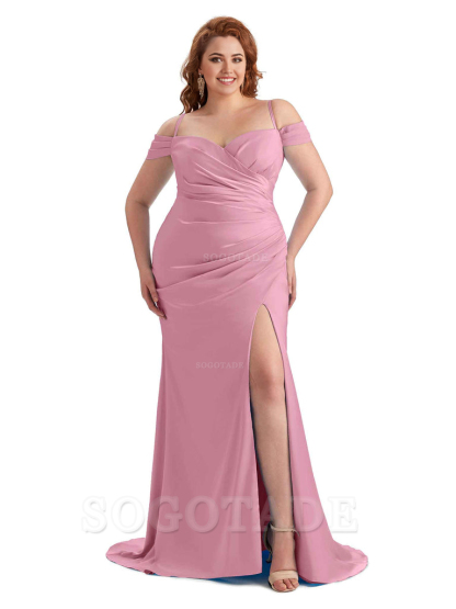 Sexy Side Slit Sleeveless Cold Shoulder Mermaid Soft Satin Long Plus Size Maid of Honor Dresses