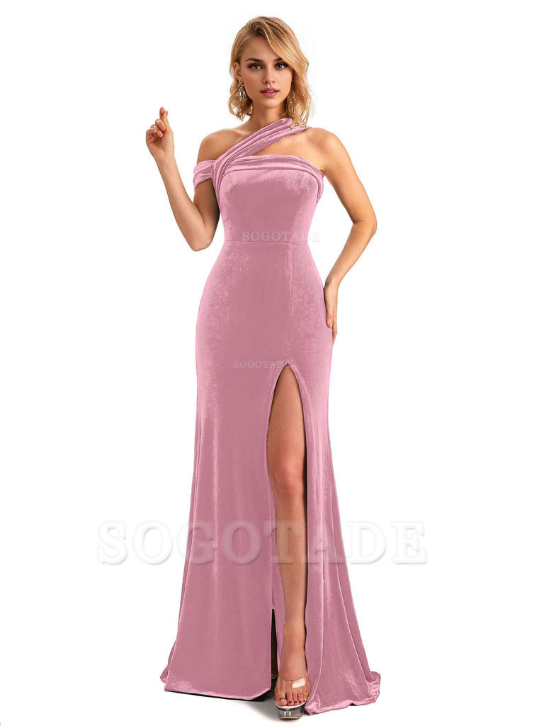 Sexy Mermaid Asymmetric Velvet Side Slit Long Bridesmaid Dresses