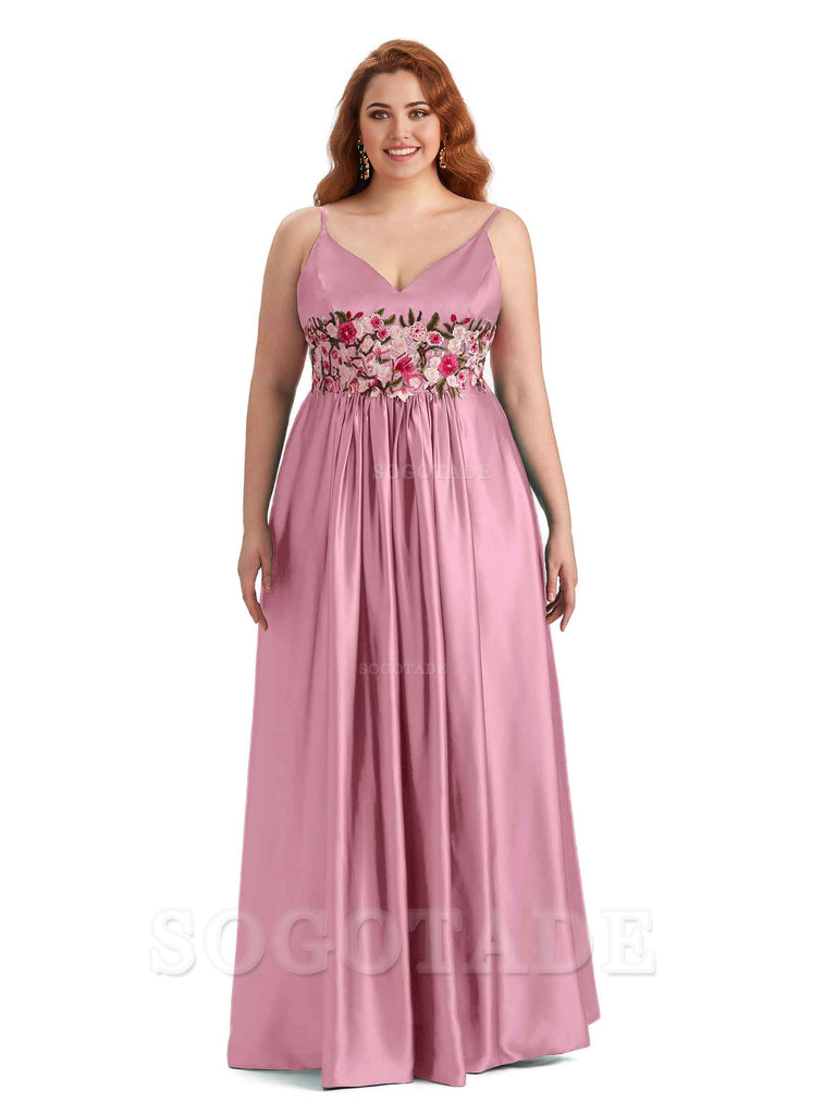 Unique Lace Spaghetti Straps Sleeveless Soft Satin Long Plus Size Bridesmaid Dress For Wedding