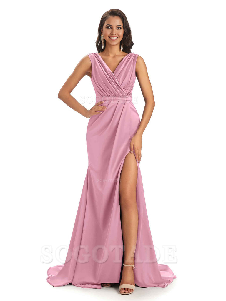 A-line V-neck Floor-Length Satin formal dresses evening gown Bridesmaid Dresses With Side Slit 
