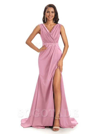 A-line V-neck Floor-Length Satin formal dresses evening gown Bridesmaid Dresses With Side Slit 