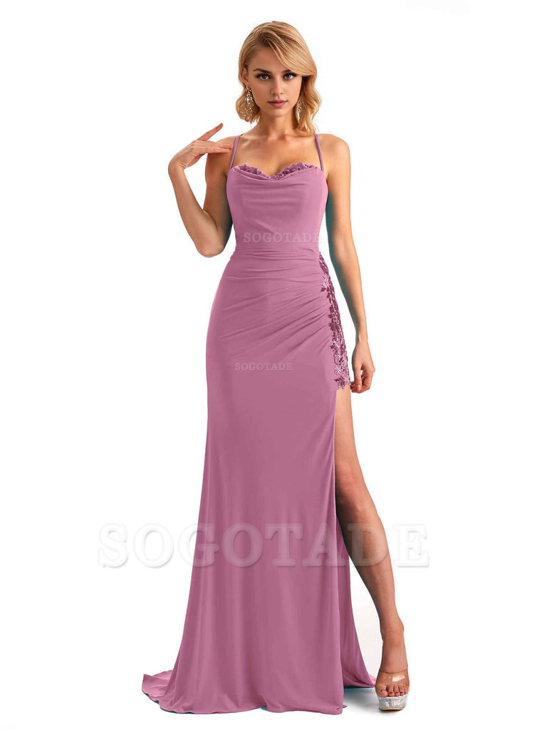 Mermaid Spaghetti Straps Side Slit Lace Stretchy Jersey Long Formal Bridesmaid Dresses